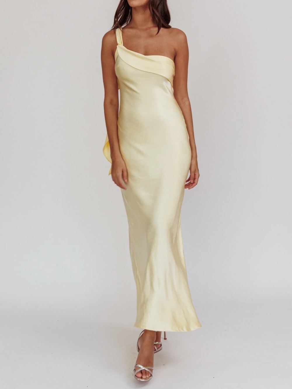 Selfie Leslie One-Shoulder Satin Slip Dress in Pale Yellow